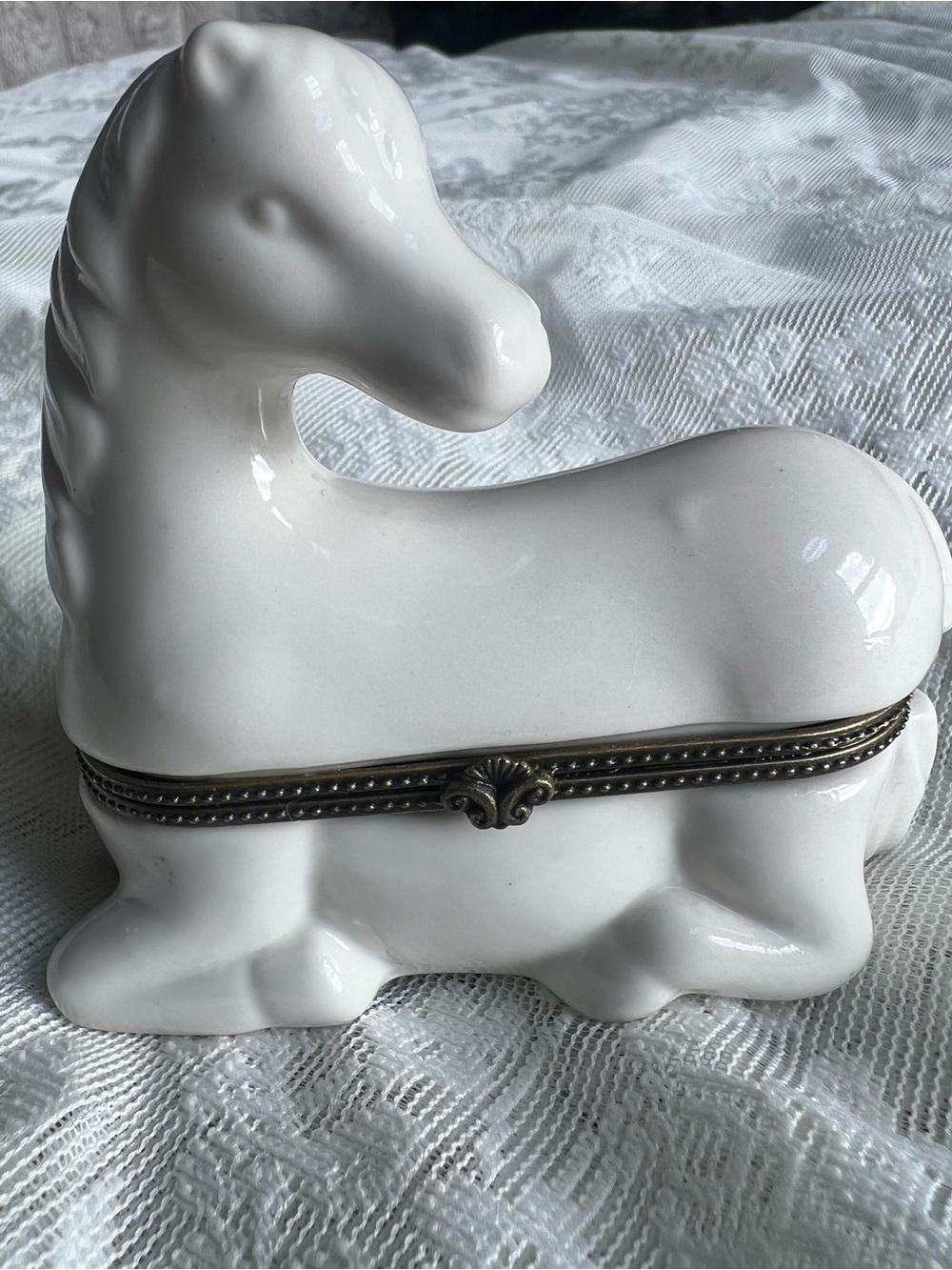 Vintage White Ceramic Horse Trinket Box with Brass Accent